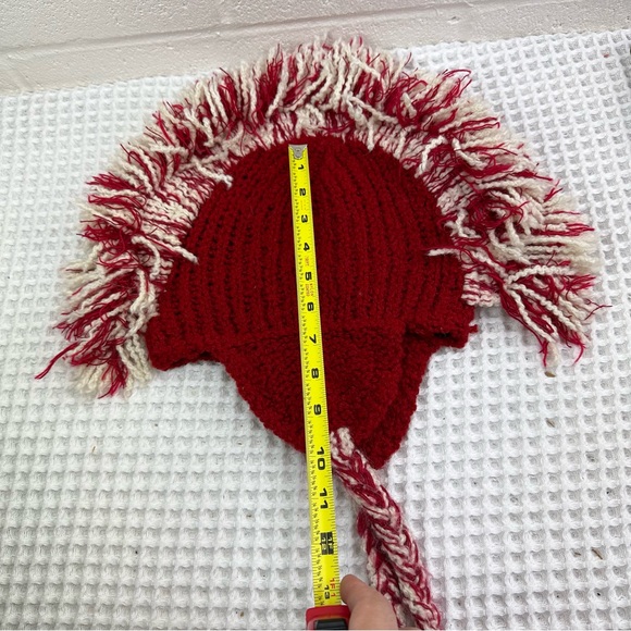 Yusu Tex 100% Alpaca Handmade Knitted Tassel Red White Beanie Mohawk Fringe - Picture 9 of 13